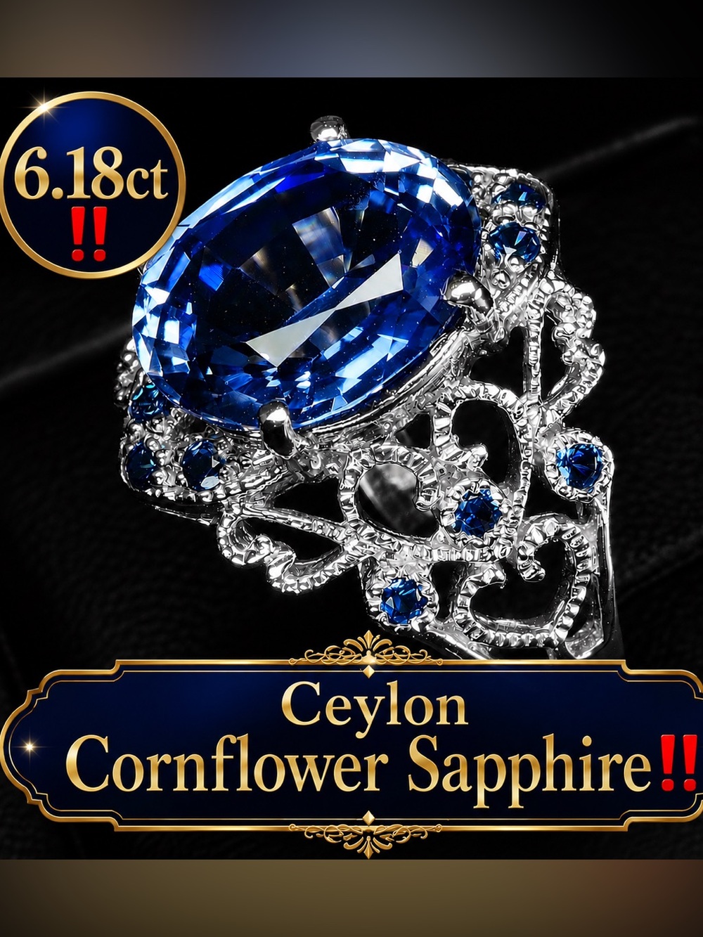 Ceylon Cornflower Sapphire Solid Sterling  ring  NEW- vintage style 6.18ct